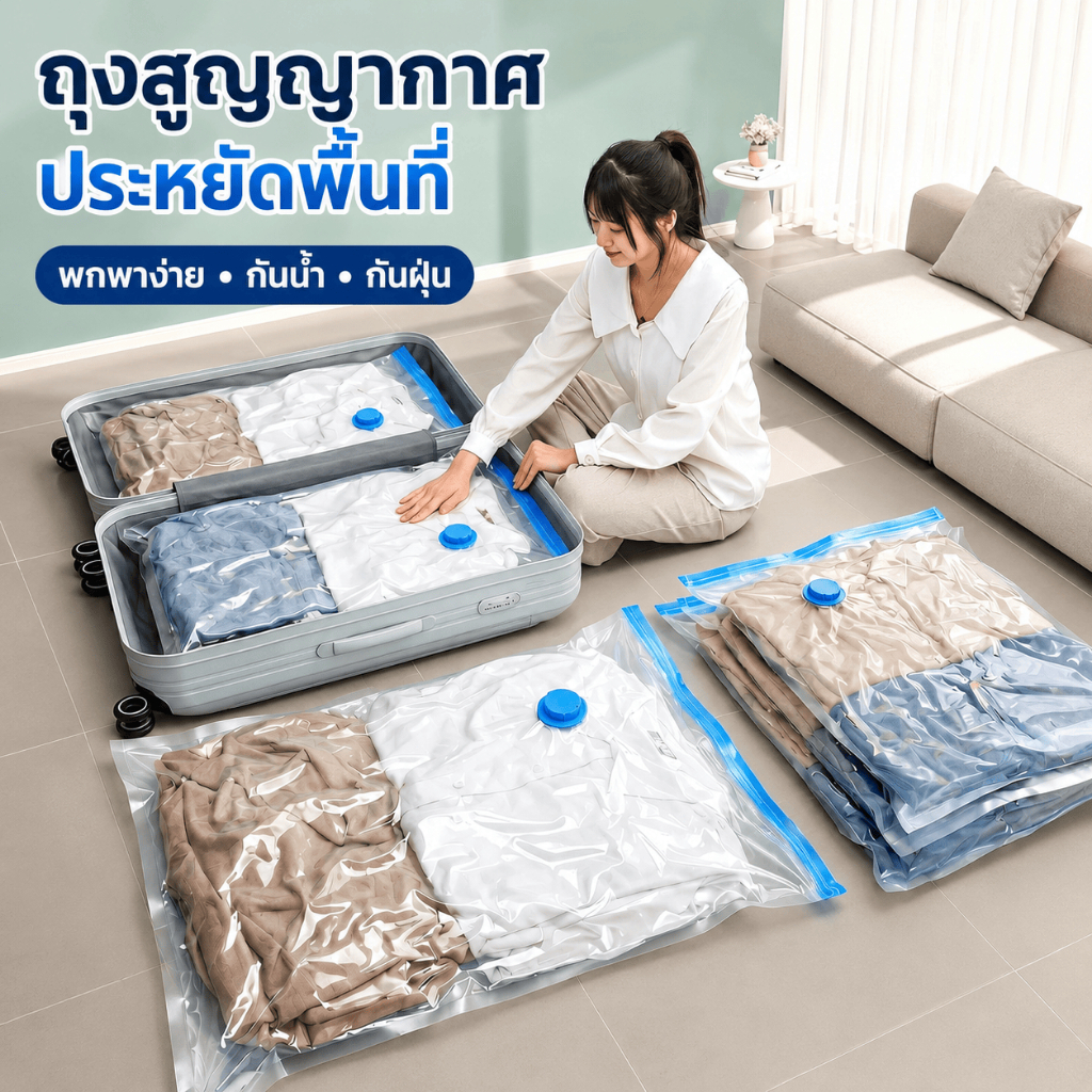 ถุงสูญญากาศบีบอัดเก็บเสื้อผ้า ผ้านวม หนาพิเศษ วาล์วกันรั่ว 2 ชั้น ประหยัดพื้นที่ กันชื้น กันฝุ่น ใช้ซ้ำได้ หลายขนาด