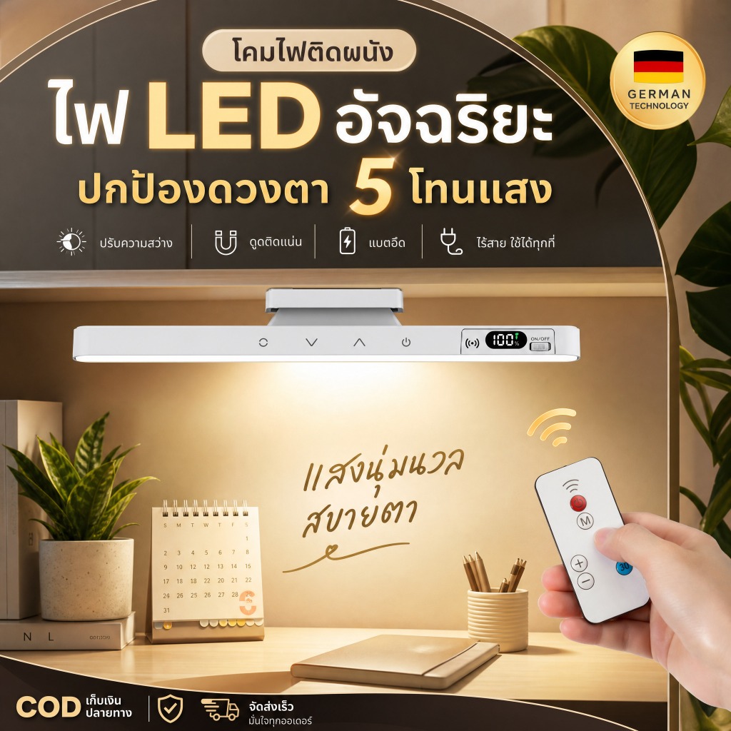 [พร้อมส่ง] โคมไฟตั้งโต๊ะ LED อ่านหนังสือ ติดผนังแม่เหล็ก ไม่ต้องเจาะ มีรีโมท ปรับได้ 5 สี ถนอมสายตา แสดงแบต