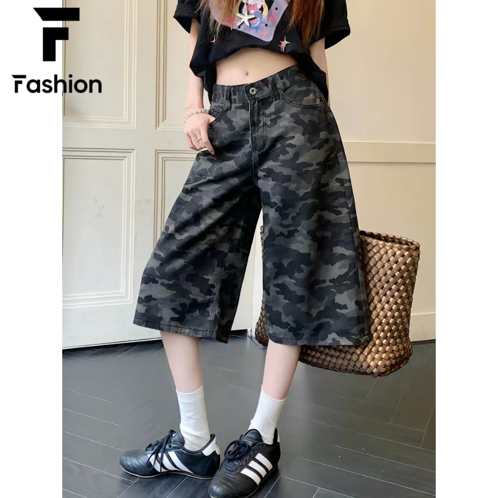 ใส่สบายไม่อึดอัด! กางเกงยีนส์7ส่วนลาย Camouflage เนื้อผ้าพรีเมียมไม่ยืด ใส่ได้2แบบ เอวสูง/ต่ำ ส่งฟรี