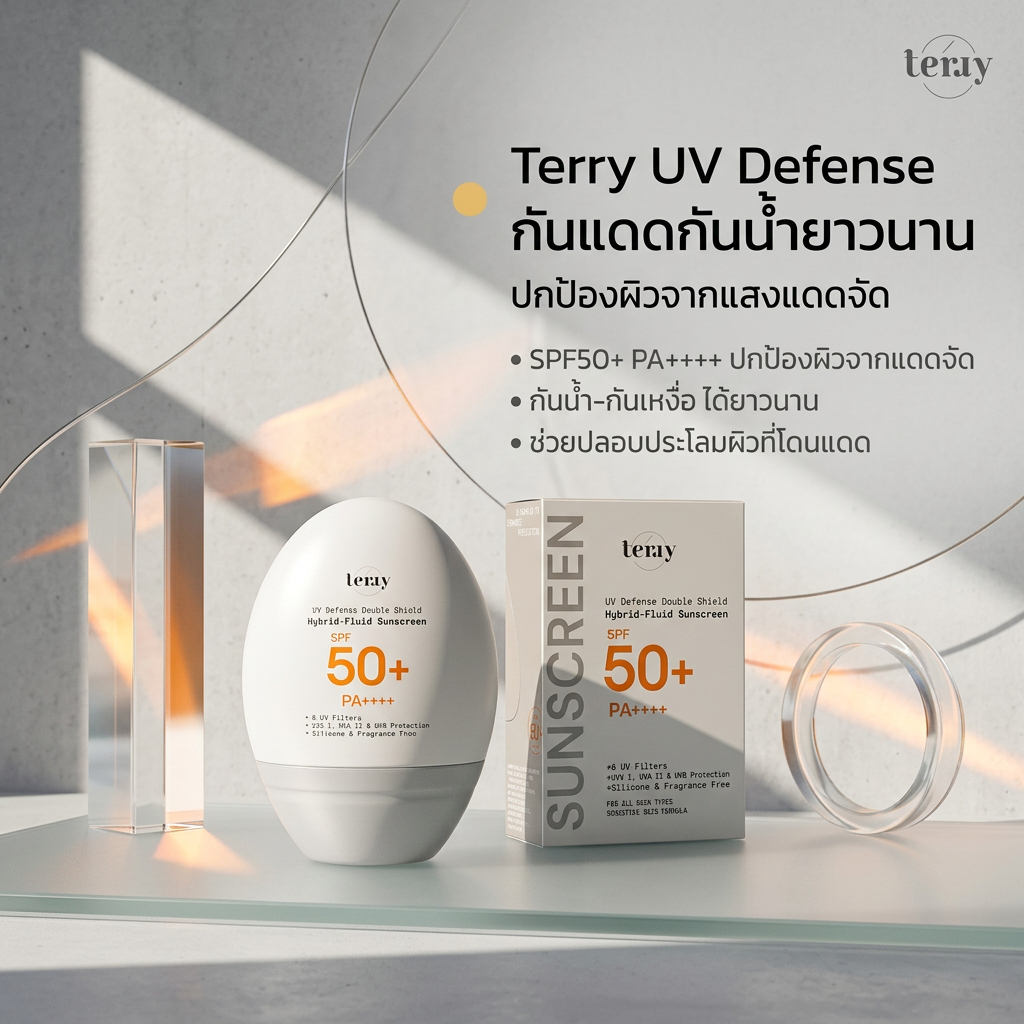Terry กันแดดป้องกันรังสี UVA/UVB SPF50+ PA++++ สูตรปกป้องผิวไม่ให้เสียคอลลาเจน กันน้ำกันเหงื่อ เนื้อ