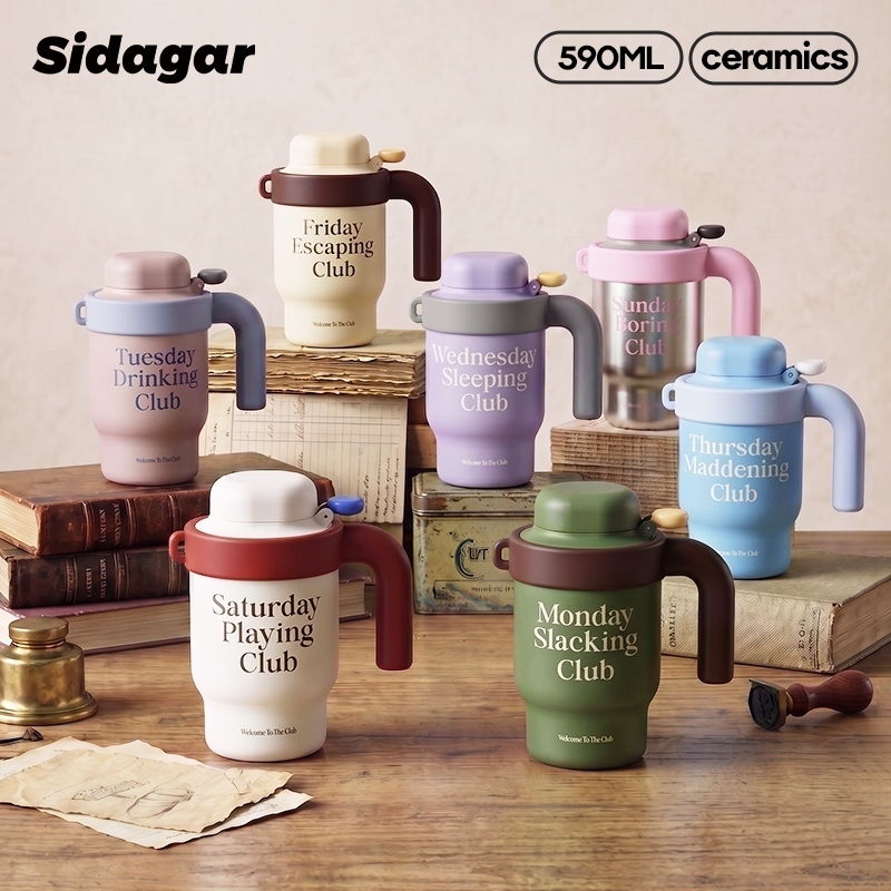 Sidagar 590ML แก้วเก็บความเย็น เคลือบเซรามิก แฟชั่น แก้วเก็บอุณหภูมิ ฟังก์ชั่นเปิดฝาด้วยปุ่มเดียว