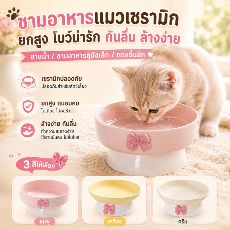 ชามอาหารแมวเซรามิก ยกสูง โบว์น่ารัก กันลื่น ชามน้ำ ชามอาหารสุนัขเล็ก ล้างง่าย ทรงตื้นลึก