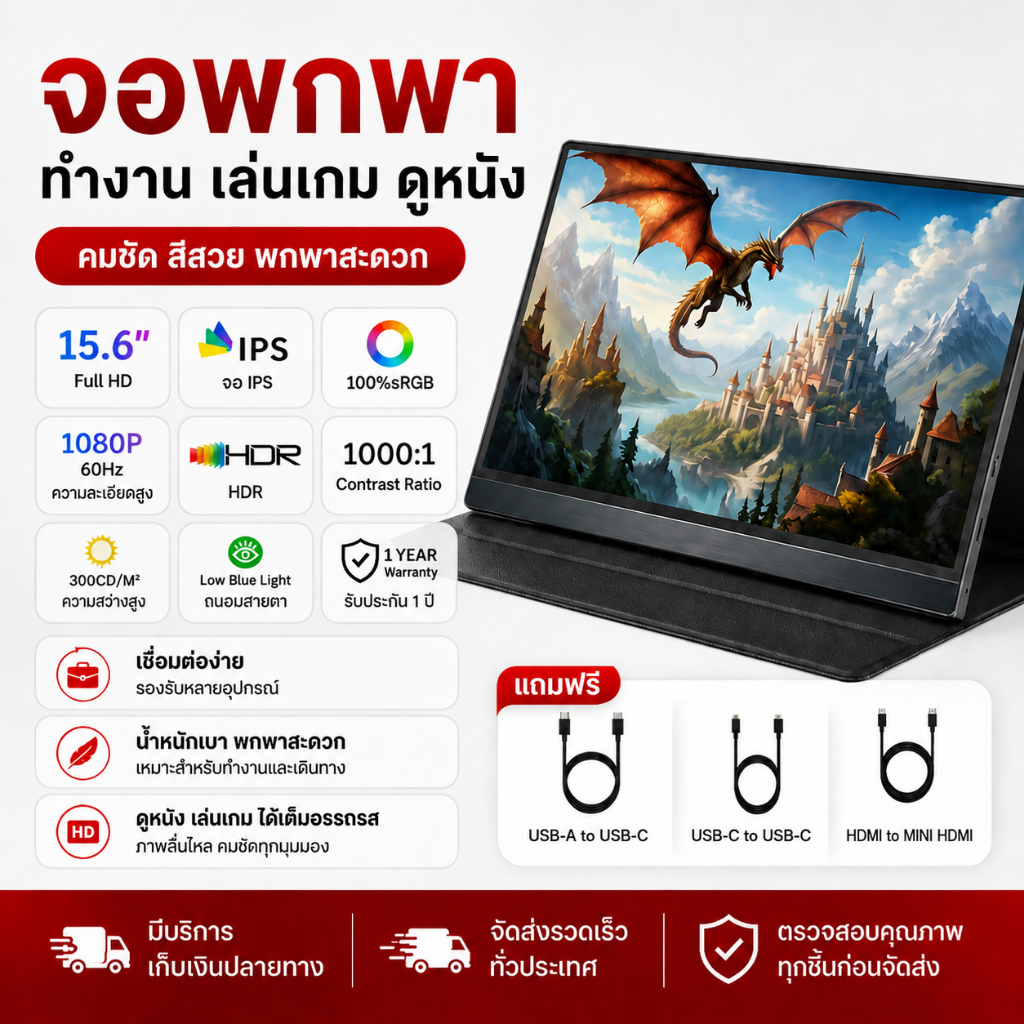 จอพกพา จอภาพแบบพกพา 15.6นิ้ว 1080P IPS แบบพกพา จอคอมพิวเตอร์ Full HD 2K หน้าจอรองที่สะดวกสบาย