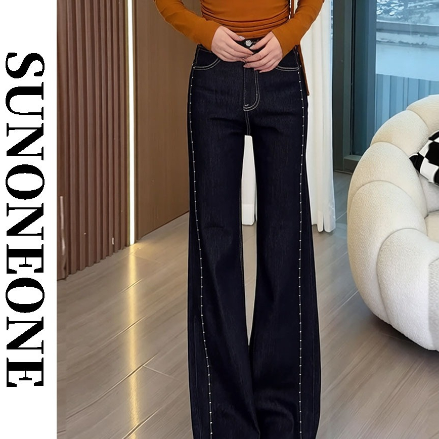 SUNONEONE กางเกงยีนส์ขากระบอก สีน้ำเงินเข้ม เอวต่ำ ขากระบอกเล็ก รุ่นใหม่ ดีไซน์ปักผ้า ทรงกระชับ ดูผอม