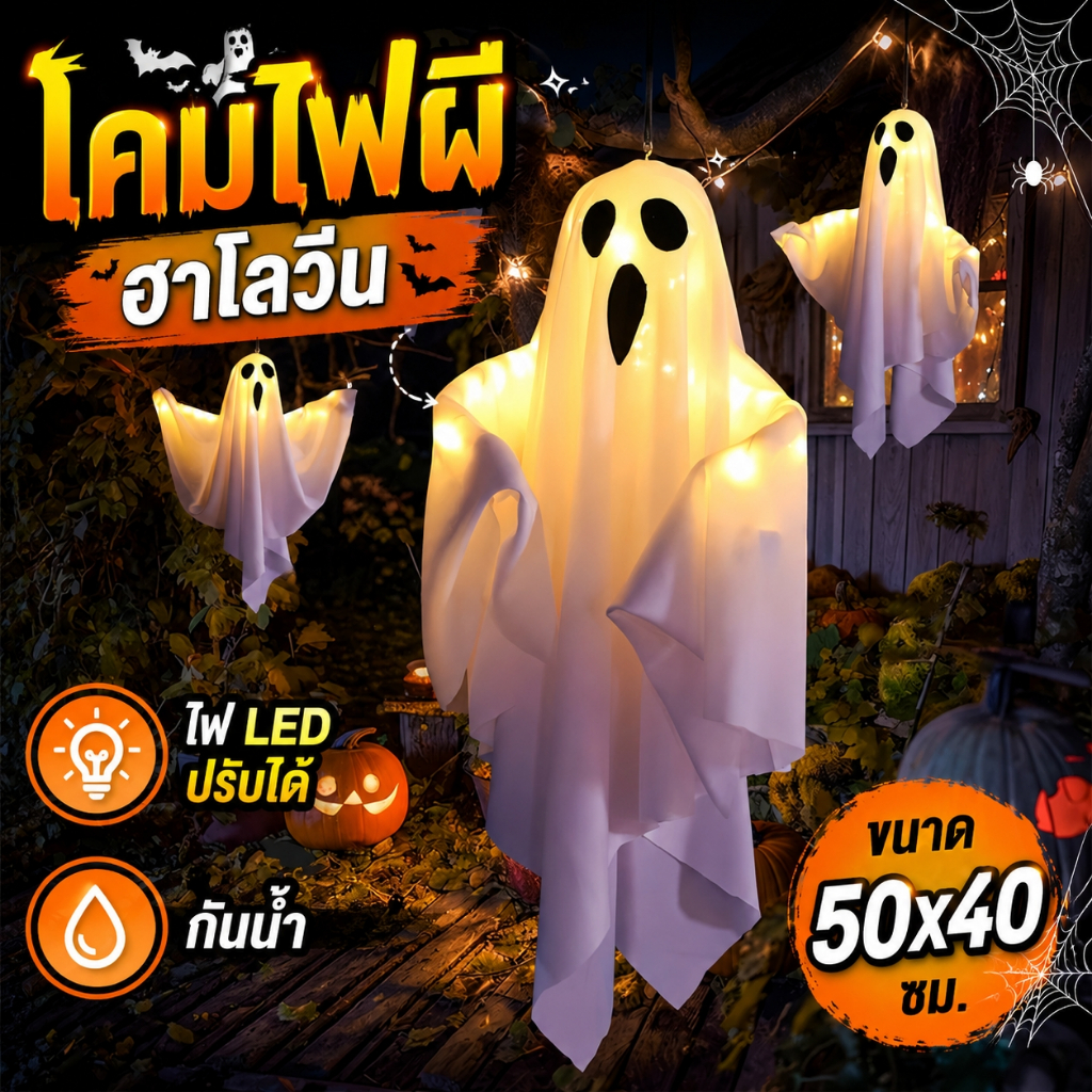 โคมไฟผีฮาโลวีน LED หุ่นแขวนผีมีไฟ 50x40 ซม สีขาว/ส้ม ของตกแต่งฮาโลวีน แขวนหน้าบ้าน ปาร์ตี้ Halloween