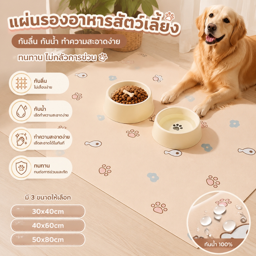 HT แผ่นรองให้อาหารสัตว์เลี้ยง หนัง PU กันน้ำ กันลื่น ทนทาน ล้างง่าย สุนัข แมว หลากหลายขนาด  Pet Food Bowl Pads