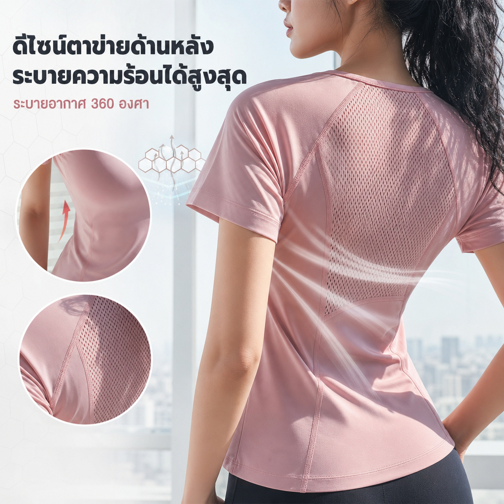 เสื้อออกกำลังกายผู้หญิงแขนสั้น ดีไซน์เว้าหลังสุดเก๋ เสื้อโยคะ เสื้อวิ่ง ผ้านุ่ม ยืดหยุ่น ระบายอากาศดี ใส่สบาย เหมาะสำหรั