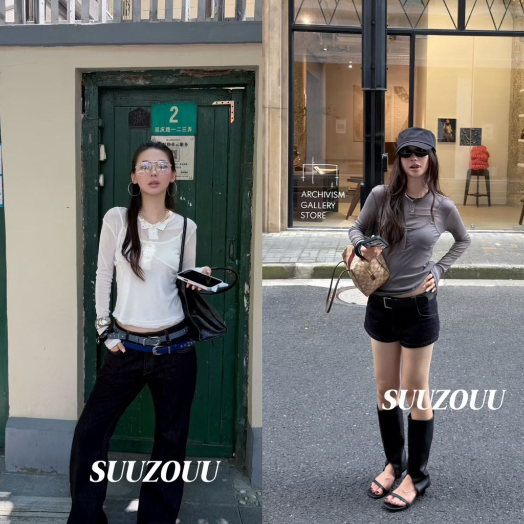#SU590 🇰🇷เสื้อแขนยาวรุ่นนี้คือสวยตาแตกมากกก! ✨ ดีไซน์ซ้อนเลเยอร์ 2 ชิ้นติดกัน คอกลมพร้อมแถบกระดุม Tag MMfish🇰🇷