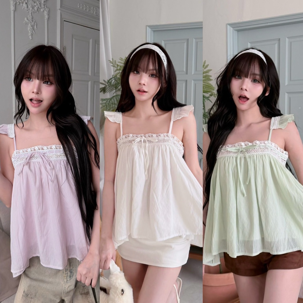 🌟Mamildya.shop🌟 เสื้อสายเดี่ยว แต่งลูกไม้ / /NUSA-ดารา ⚫