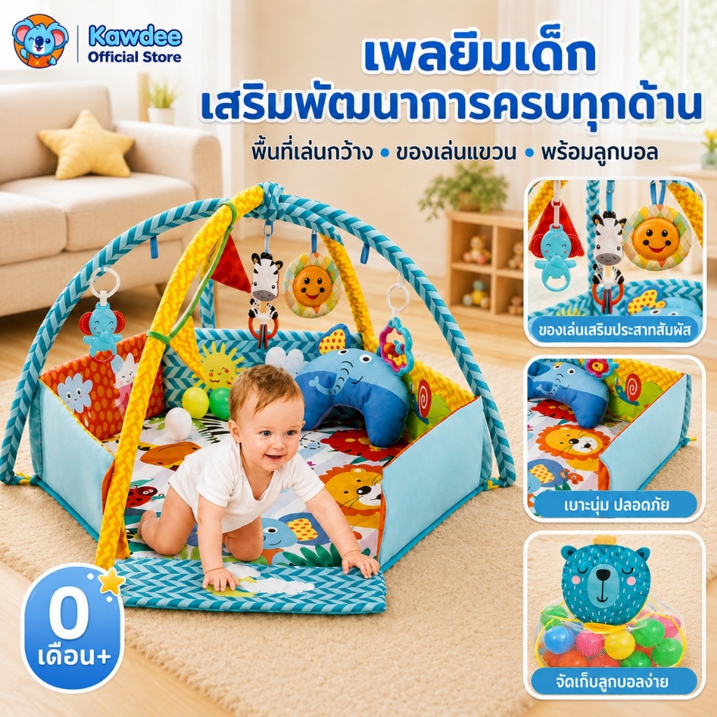 Kawdee เพลยิมเด็ก 5in1เพลยิมโมบาย โมบายสัตว์ ที่นอนเด็ก ของเล่นเด็กแรกเกิด 30ลูก+หมอนลายช้าง กันแหวะนม หมอนให้นม