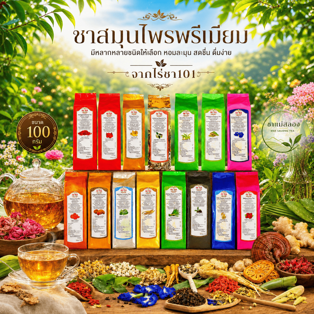 ชาผสมสมุนไพรไร่ชา101 ใบชาผสมสมุนไพรหลากหลายชนิด ใบชาคุณภาพดีจากยอดดอยแม่สลอง ใบชาOrganic ขนาด100กรัม