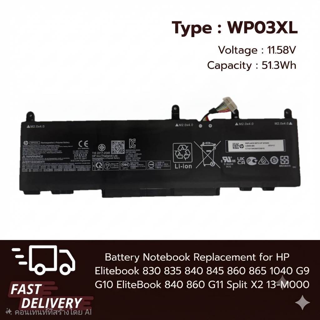 Battery Compatible with HP WP03XL 51Wh EliteBook 830 835 840 845 G9 G10 ประกัน 1 ปี ( ส่งฟรี )