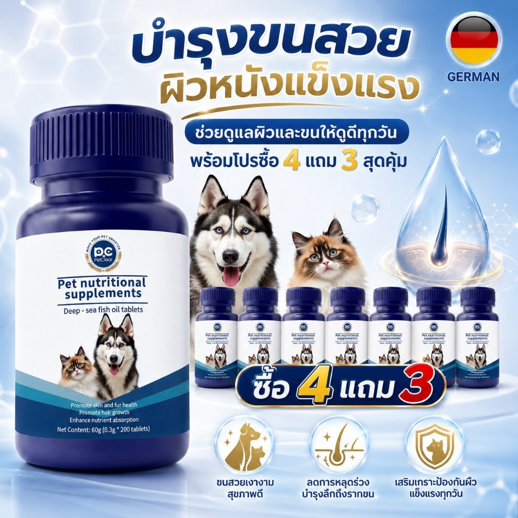 PetClear Deep Sea Fish Oil 200 Tablets อาหารเสริมสัตว์เลี้ยง สำหรับสุนัขและแมว โปร 4 แถม 3