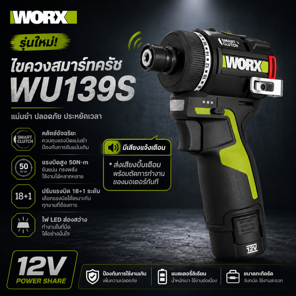 WORX WU139S ไขควงคลัชไร้สาย 12V Smart Clutch มีเสียงแจ้งเตือน แรงบิด 50Nm