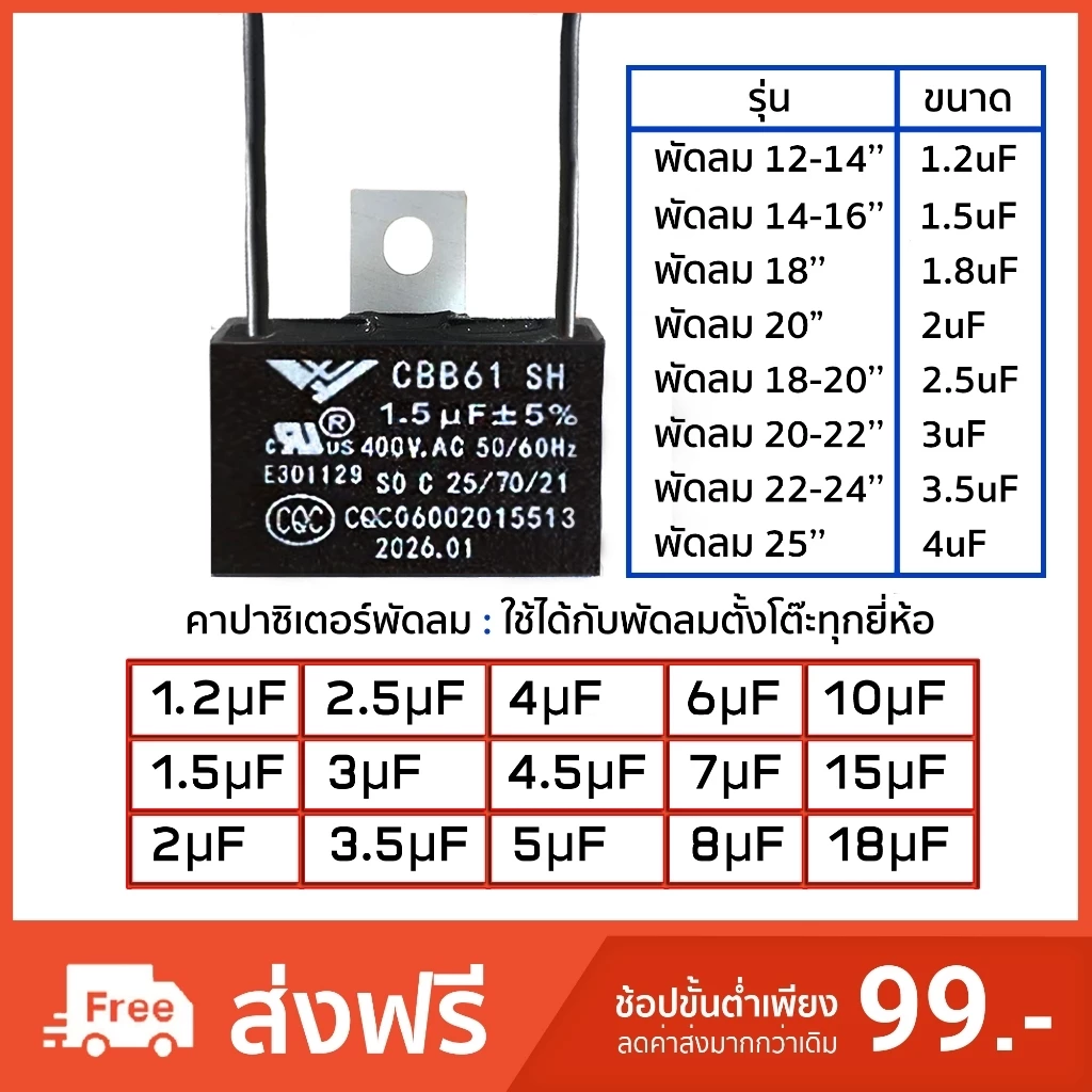 คาปาซิเตอร์ พัดลม Capacitor CBB61 คาปา อะไหล่ฮาตาริ ตัวเก็บประจุ ตัว C คาปาซิสเตอร์ แคป cap พัดลม
