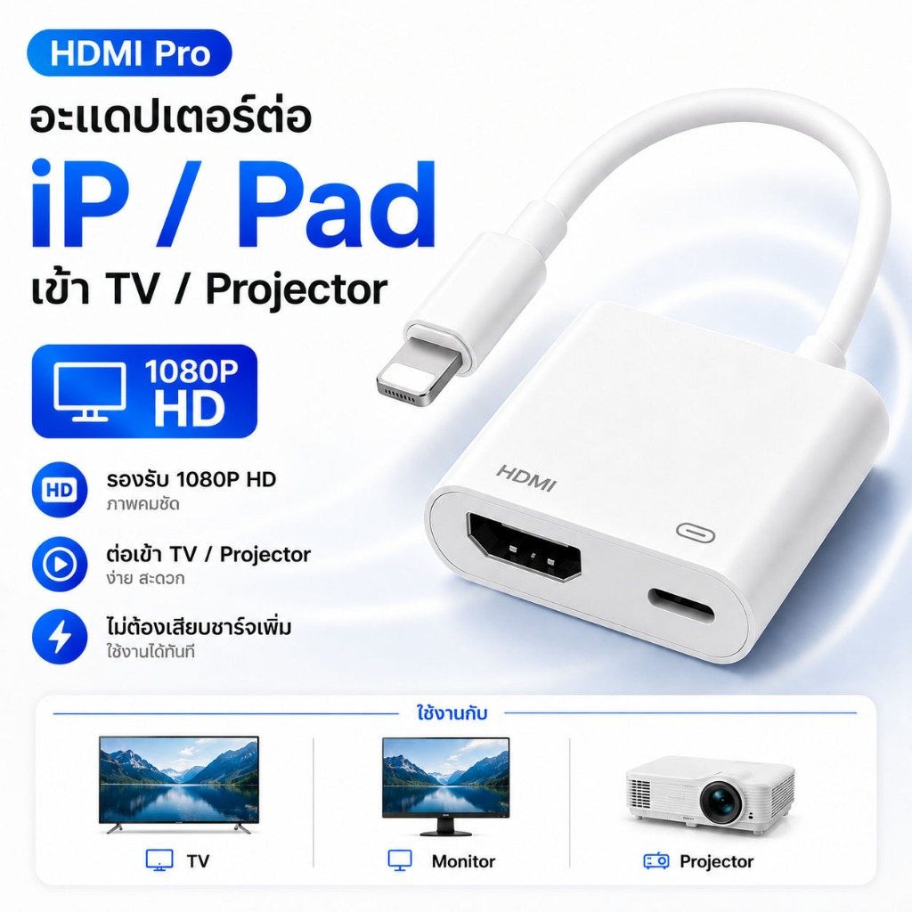 สายต่อมือถือเข้าทีวี สายต่อโทรศัพท์เข้าทีวี Light to HDMI Audio TV Adapter Cable (สำหรับ ไอ5～14pro m
