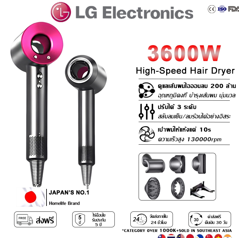 【รับประกัน 5ปี】ไดร์เป่าผม 3600W ฟรีหัวลม5 หัว ช่องรลมออกขนาดใหญ่ เรียบเนียนไร้พันกัน ไดเป่าผม Hair Dryer