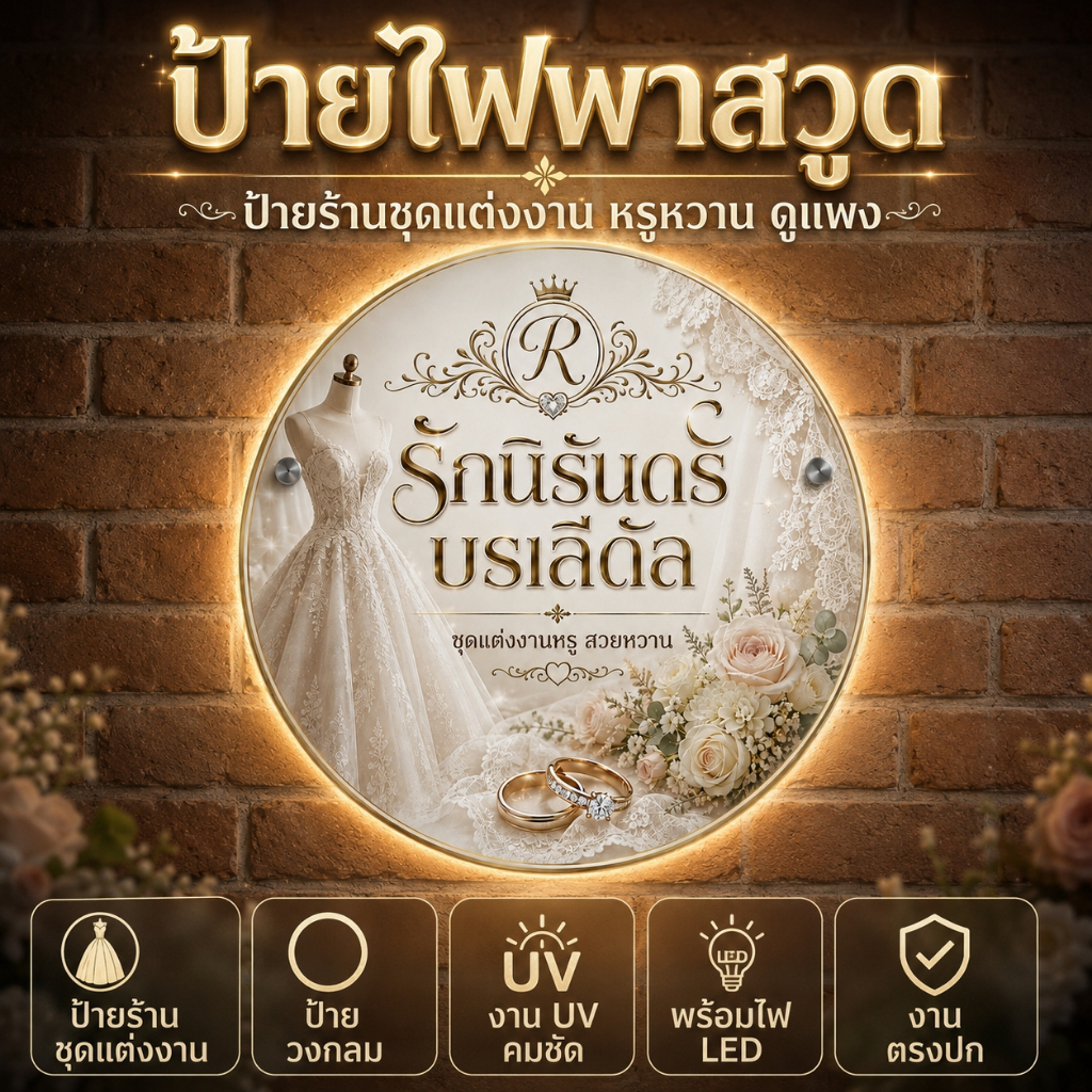 ป้ายไฟพาสวูดวงกลม ป้ายโลโก้ติดผนัง LED ด้านหลัง พิมพ์ UV ป้ายหน้าร้านสั่งทำ