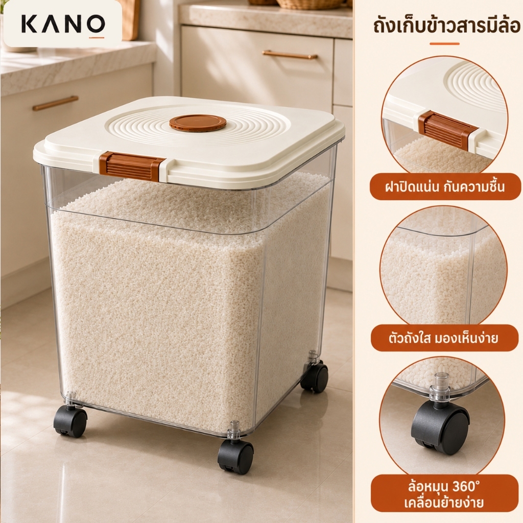 【NEW】KANO ถังเก็บข้าวสารมีล้อ 5-25 กก. โปร่งใส ซีลแน่น กันชื้น กันแมลง เคลื่อนย้ายง่าย พร้อมถ้วยตวง