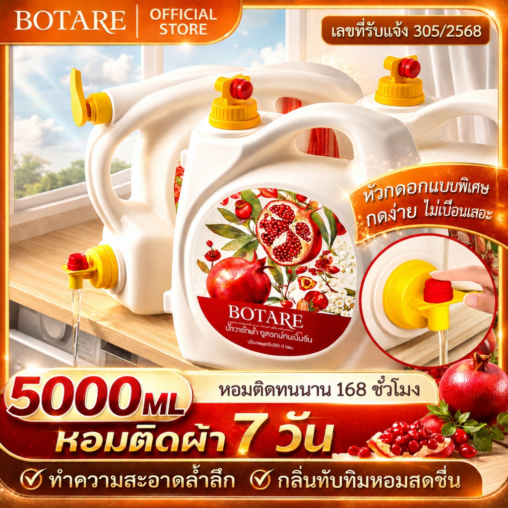 【5KG】Botare ผลิตภัณฑ์ซักผ้ากลิ่นทับทิม หอมยาวนาน ทำความสะอาดล้ำลึก 1ขวด 5000ml