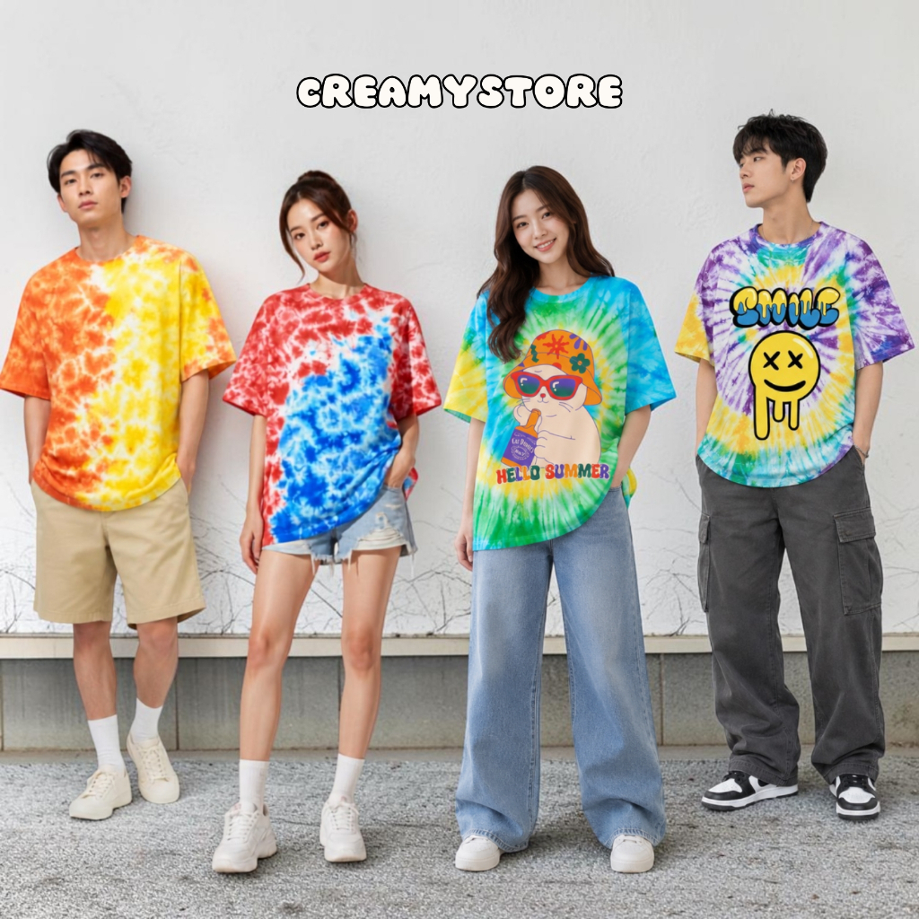 ป้ายBACON🌴SALEเสื้อโอเวอร์ไซส์มัดย้อม สกรีนลายการ์ตูน ใส่ได้ทั้งผู้ชายผู้หญิง