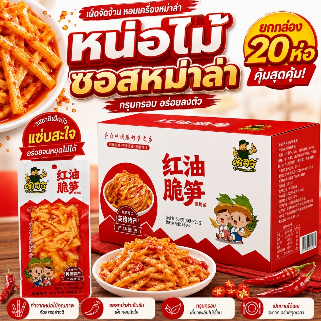 หน่อไม้กรอบน้ำมันพริก รสเผ็ด อร่อย กรุบกรอบ 1 ซอง 28 กรัม 1 กล่องมี 20 ซอง พร้อมส่ง