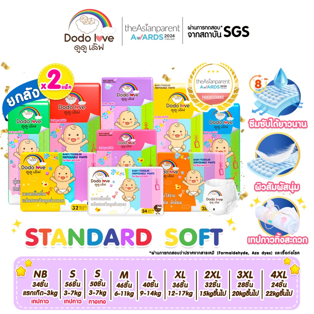 Babykids [ยกลัง 2แพ็ค] DODOLOVE Standard Soft กางเกงผ้าอ้อม ผ้าอ้อมสำเร็จรูป Size NB-4XL นุ่ม บางเบา ใส่สบาย