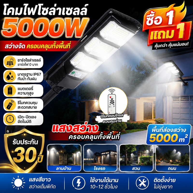 ไฟโซล่าเซลล์ ไฟถนนโซล่าเซลล์ ไฟเซ็นเซอร์ตรวจจับคน ไฟถนน ไฟอัจฉริยะSolarLight5000Wไฟพลังงานแสงอาทิตย์