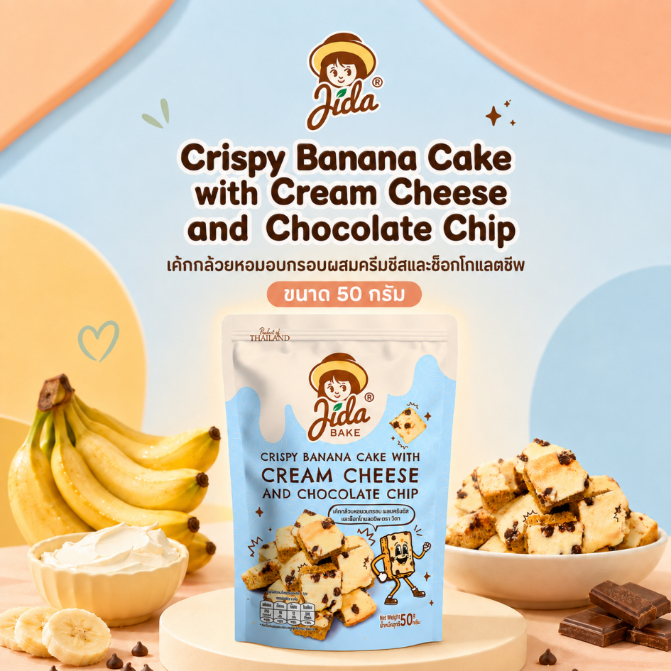 Jida Bake 50 g เค้กกล้วยหอมอบกรอบ ผสมครีมชีสและช็อกโกแลตชิพ | Crispy Banana Cake with Cream Cheese and Chocolate Chips