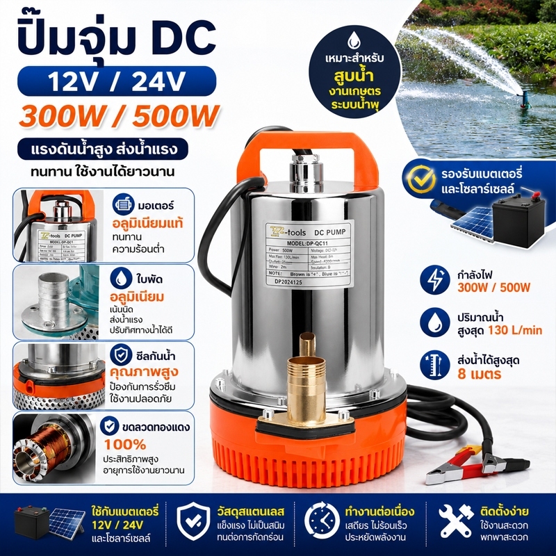 กระแสตรง สแตนเลส ปั๊มแช่ ปั๊มน้ําไดโว่ ฐานเหล็ก ท่อออก 1 นิ้ว 12/24โวลต์ 300ว มอเตอร์ทองแดงแท้ 100% โซล่าเซลล์ ปั๊มน้ํา