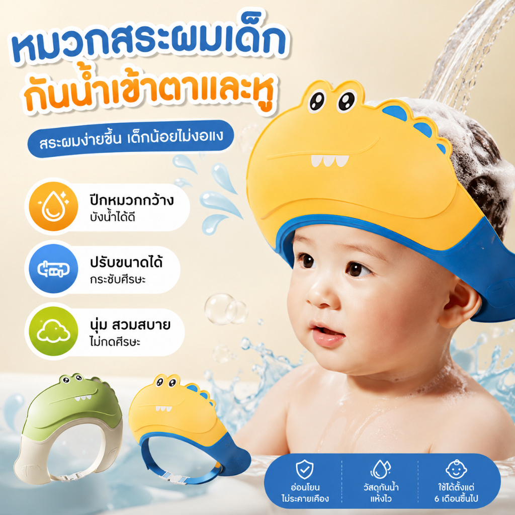 หมวกสระผมเด็ก หมวกอาบน้ำเด็ก กันน้ำ กันแชมพูเข้าตาและหู ปรับขนาดได้ ปีกกว้าง ลายการ์ตูนน่ารัก สำหรับเด็ก