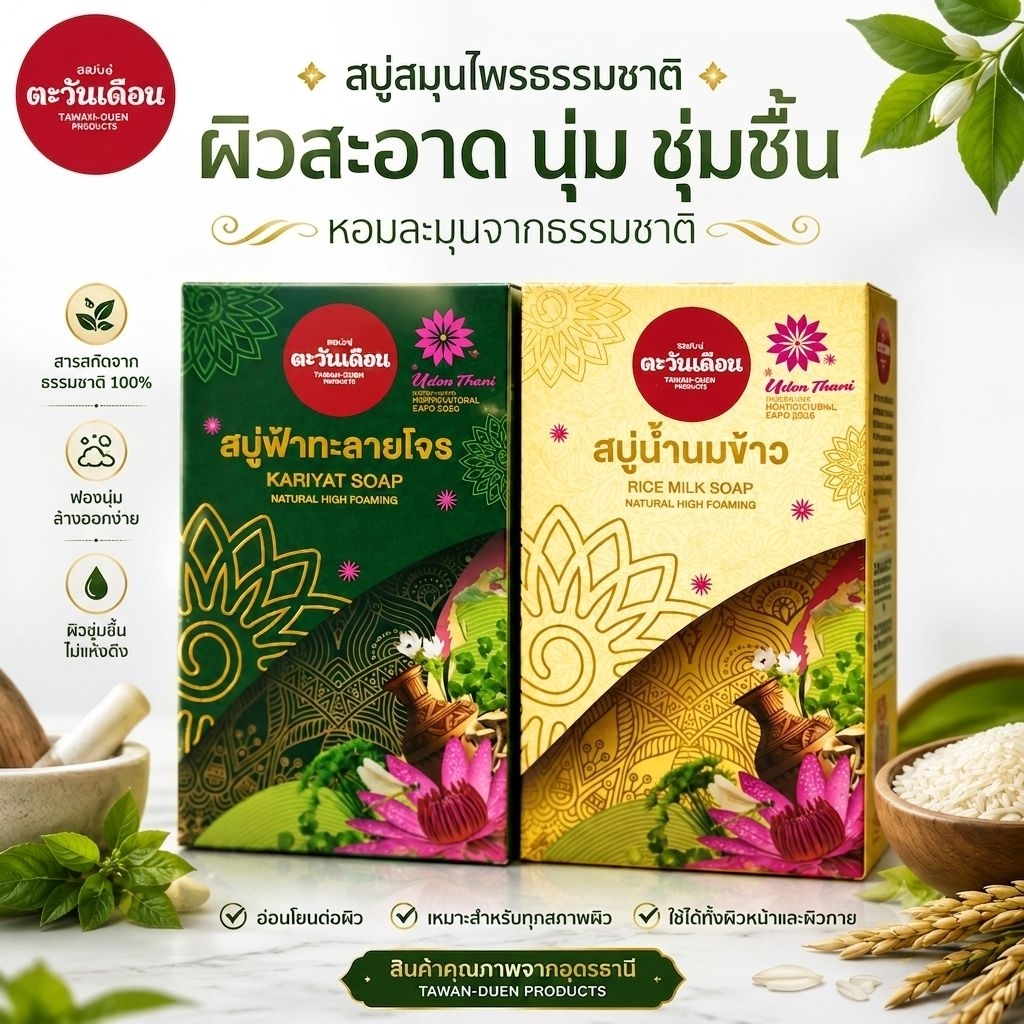 แพคคู่สบู่ฟ่าทะลายโจร และน้ำนมข้าว ทำความสะอาดล้ำลึก ฟองนุ่ม ขนาด 100 กรัม
