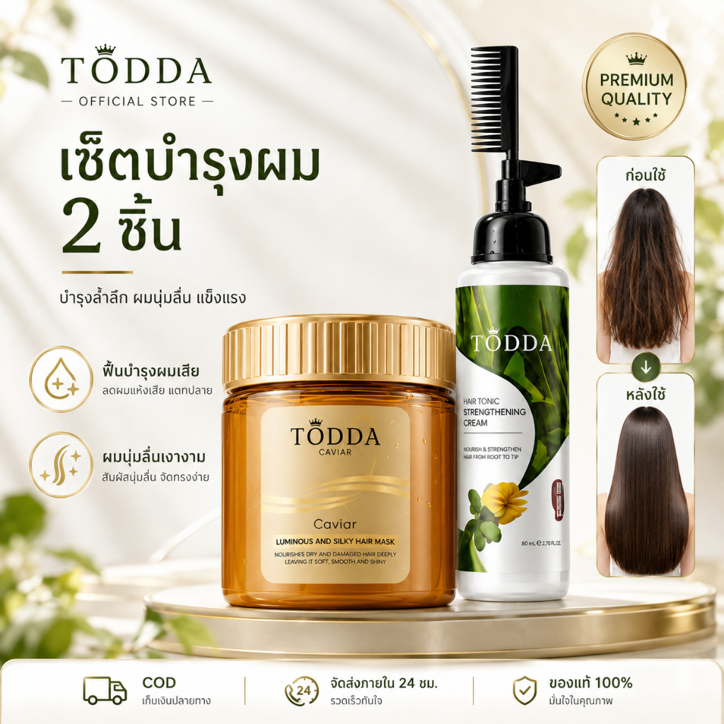 【ซื้อ 1 แถม 1】TODDA ครีมยืดผมเคราติน 220ml + มาส์กผมคาเวียร์ 500g ผมตรงสวย ลดชี้ฟู นุ่มลื่น