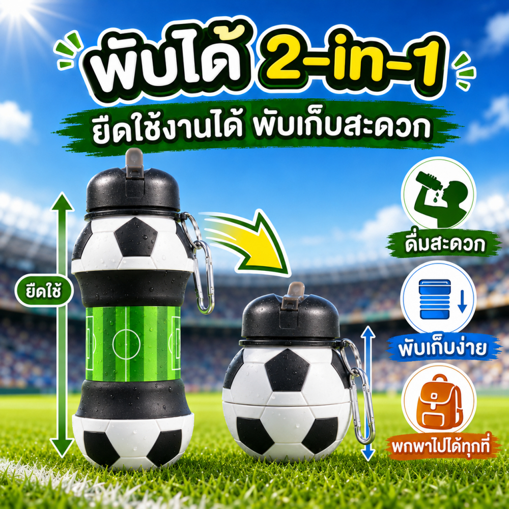 ขวดน้ำซิลิโคนพับได้ ลายฟุตบอล 2-in-1 ยืดหดได้ Food Grade กันรั่ว พร้อมตะขอ พกพาสะดวก ขวดน้ำพับได้ พร้อมส่งในไทย