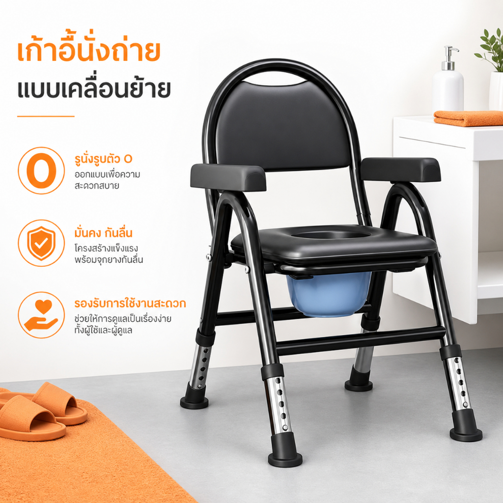 เก้าอี้นั่งถ่ายแบบพกพา และพับได้ แข็งแรง ปรับระดับได้ เหมาะสำหรับผู้สูงอายุ หญิงตั้งครรภ์และผู้พิการ