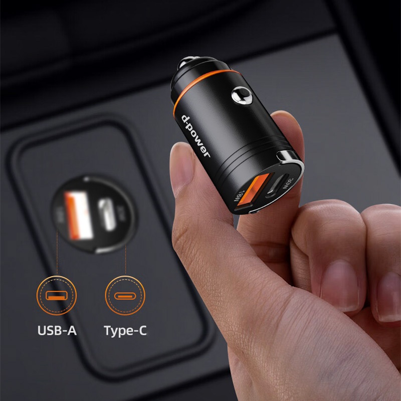d-power ที่ชาร์จในรถ รุ่น QC-03 Mini Metal Car Charger 30W USB + Type-C PD QC Fast Charge