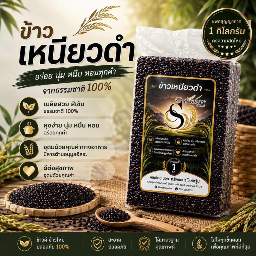 ข้าวเหนียวดำ แพคสุญญากาศ1กิโลกรัม เหนียว นุ่ม หอมฟุ้ง ตราทรัพย์ธนา