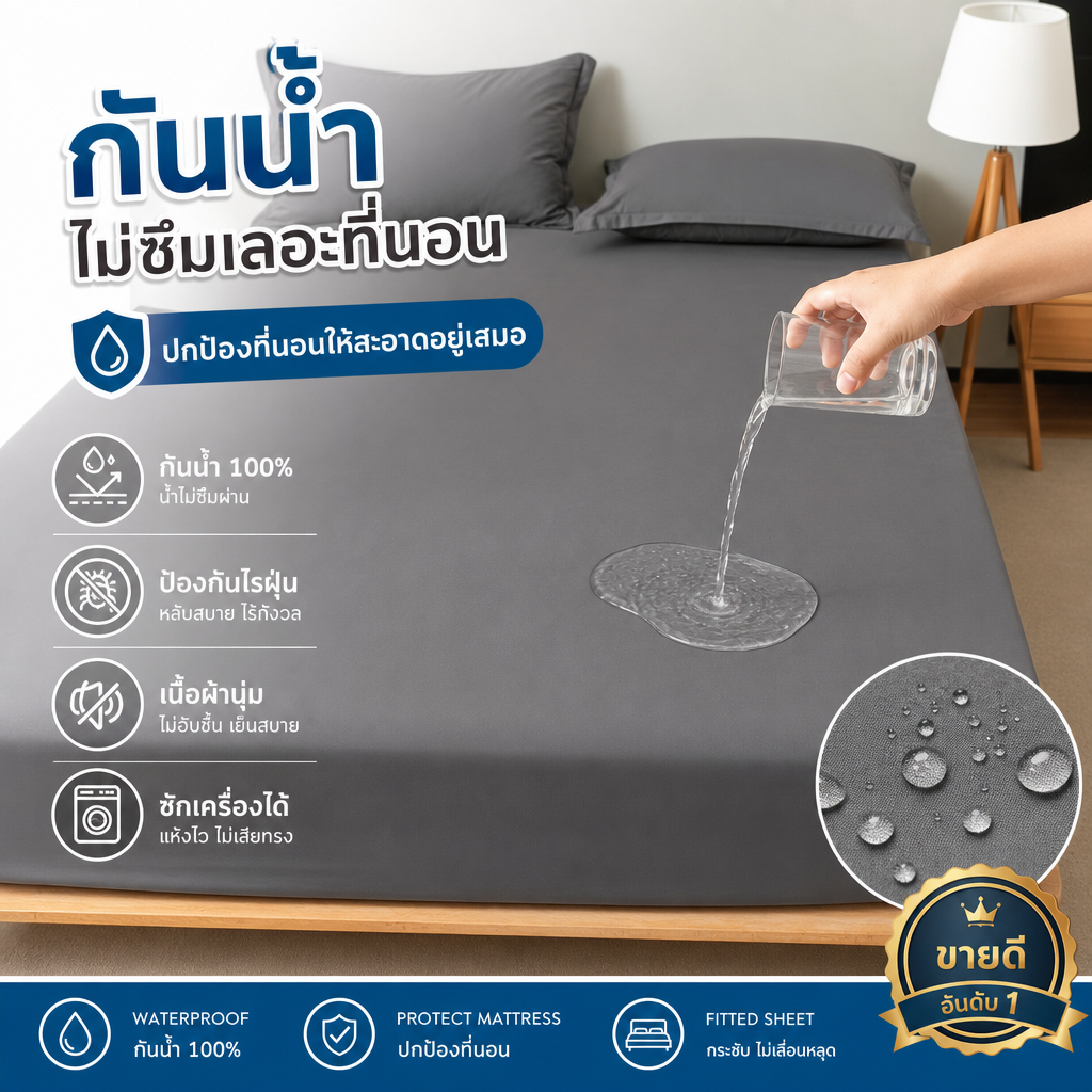 ผ้าปูที่นอนกันน้ํา 100% 3.5ฟุต/5ฟุต/6ฟุต ผ้าปูที่นอน สีเทา กันฝุ่น ​ระบายอากาศได้ (พร้อมปลอกหมอน)