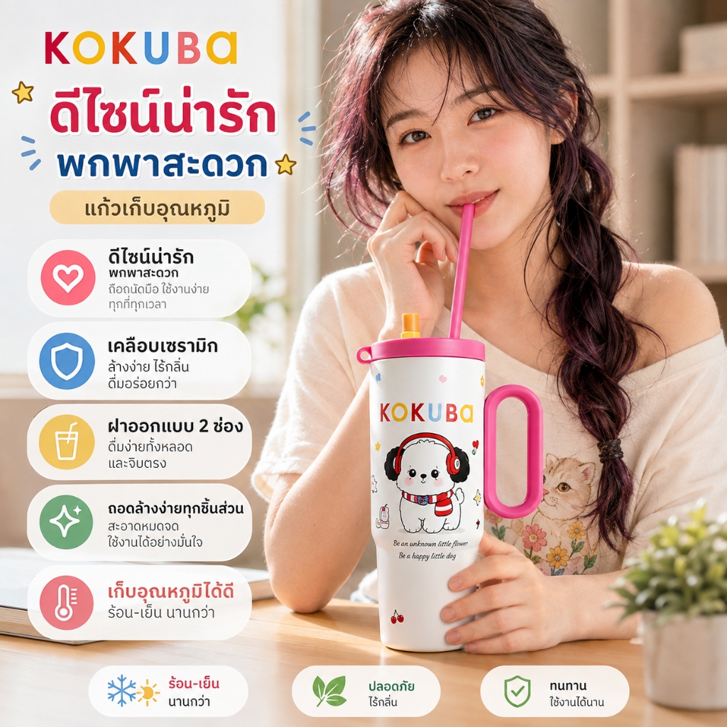 พร้อมส่งเ KOKUBA（26oz） แก้วน้ำเก็บความเย็น เคลือบเซรามิก 316 พร้อมฝาหลอดกันฝุ่นและฝาแก้วกันลื่น