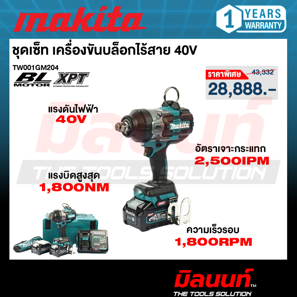 MAKITA รุ่น TW001GM204 ชุดเซ็ท เครื่องขันบล็อกไร้สาย 40 Vmax