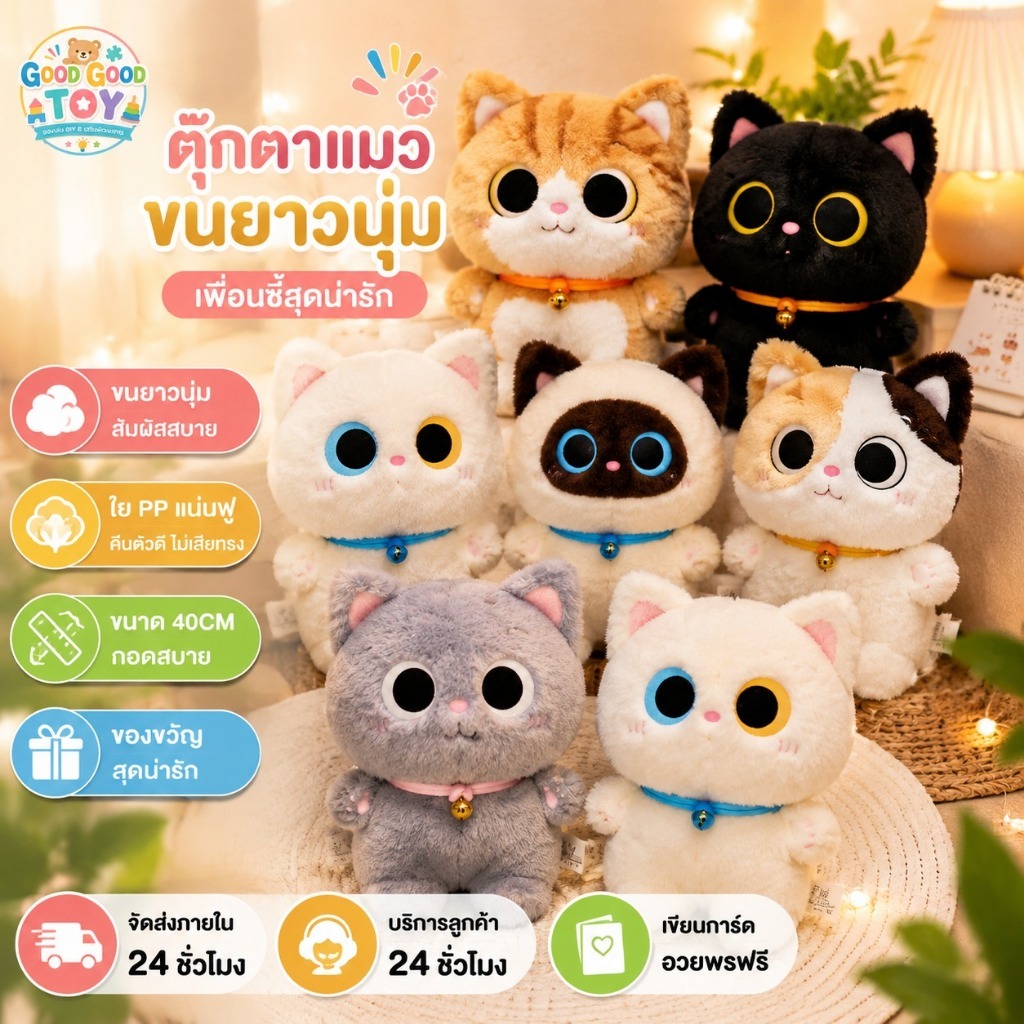 ตุ๊กตาแมวขนยาวสีเทา 40 ซม. ดวงตากลมโต ขนนุ่มฟูน่ากอด สำหรับกอดเล่น สะสม ตกแต่งห้องและของขวัญคนรักแมว