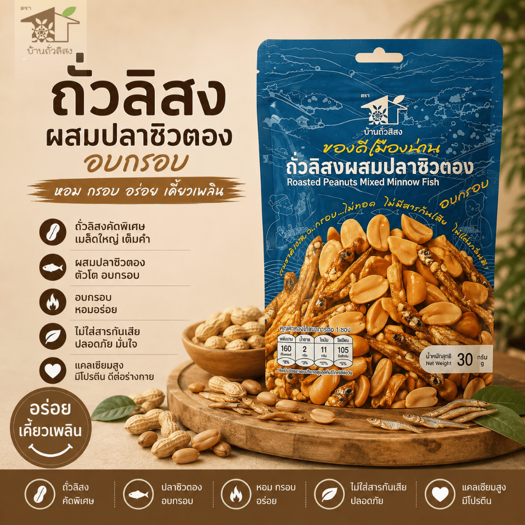 ถั่วลิสงผสมปลาซิวตองอบกรอบ 30 กรัม ตราบ้านถั่วลิสง