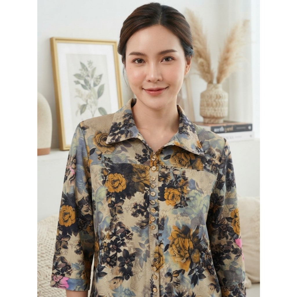 เสื้อยืดเกาหลีแท้ ผู้ใหญ่ คอปก ลายดอก ฟรีไฃส์34''-44''เนื้อผ้านิิ่ม สวมใส่สบาย ผ้าใส่แล้วไม่ร้อน งานตัดเย็บอย่างดี