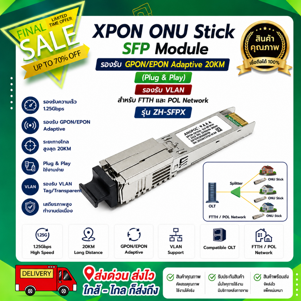 XPON ONU Stick SFP Module รองรับ GPON/EPON Adaptive 20KM (Plug & Play) รองรับ VLAN สำหรับ FTTH และ P