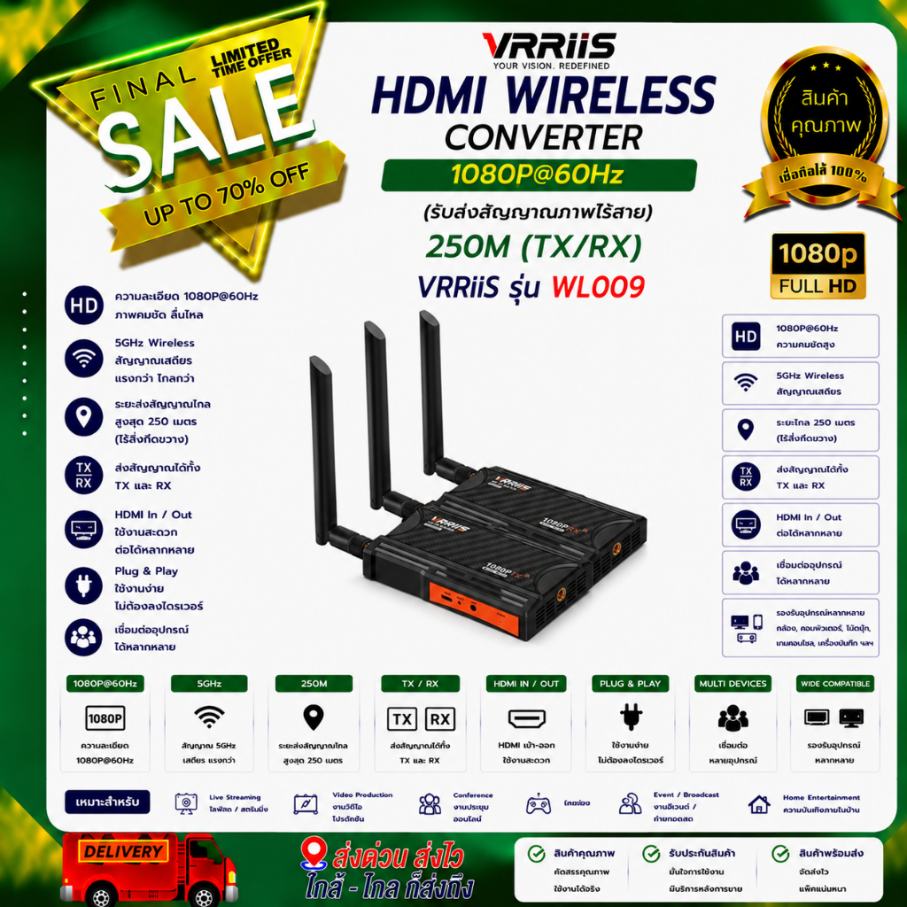HDMI WIRELESS CONVERTER 1080P@60Hz (รับส่งสัญญาณภาพไร้สาย) 250M (TX/RX) VRRiiS รุ่น WL009