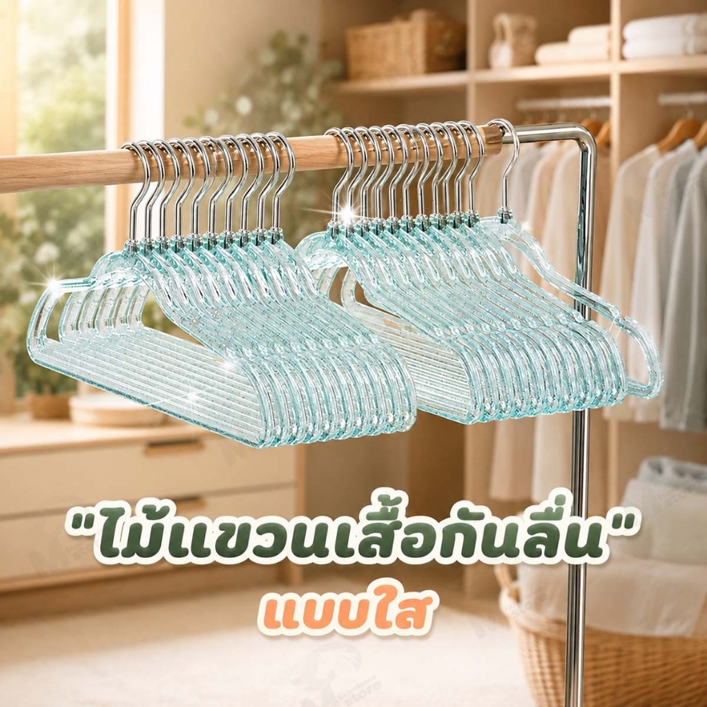 [ลายกลิตเตอร์] ไม้แขวนเสื้อพลาสติกแบบใส ไม้แขวนเสื้อกันลื่น ประดับลายกลิตเตอร์ สีสันสดใส ///ขนาด 40*22 cm CP
