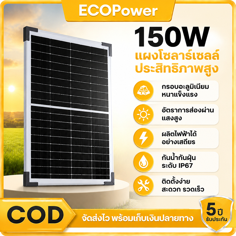 แผงโซล่าเซลล์ 150W/18V Solar Cell Panel แผงโซล่า สำหรับชาร์จแบตเตอรี่ พลังงานแสงอาทิตย์ แผงโพลี โซล่