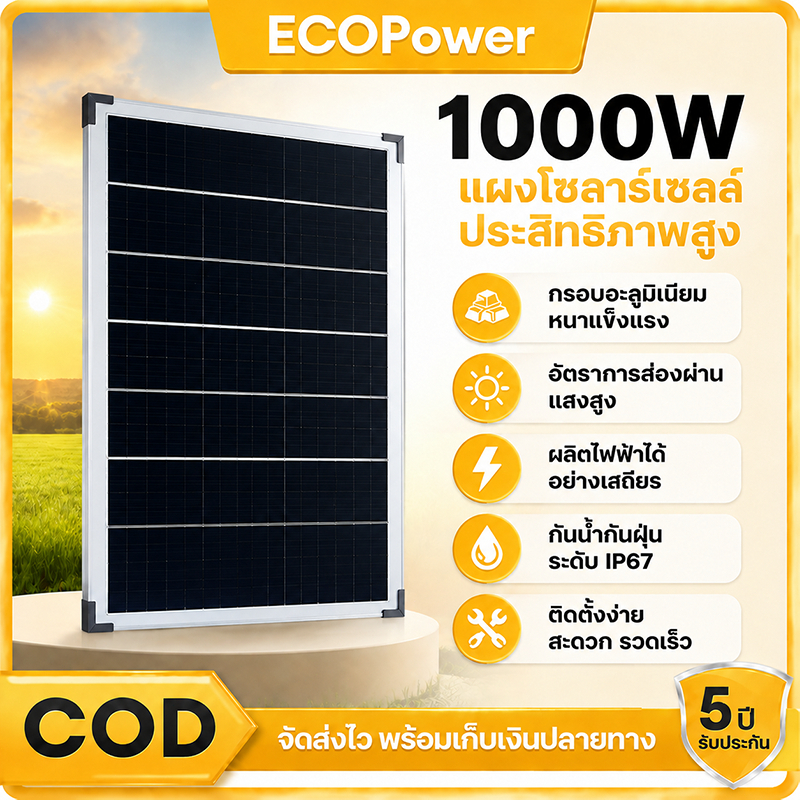 แผงโซลาร์เซลล์ 1000W  กันน้ำระดับ IP67 ทำจากซิลิคอนคริสตัลเดี่ยว น้ำหนักเบาพกพาง่าย เหมาะสำหรับใช้งานสวน เร