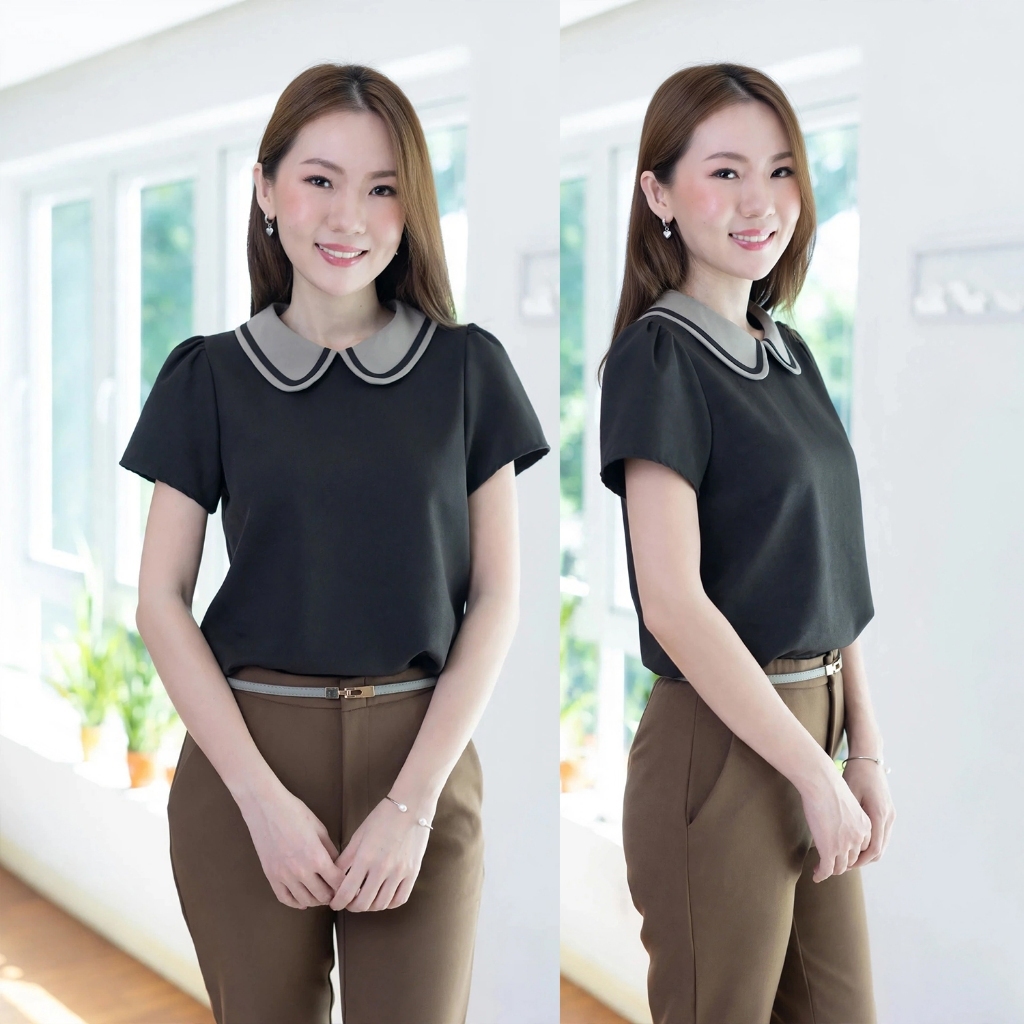 Narinari : MT4101 Trimmed Peter Pan Collar Blouse เสื้อปกบัวสีพื้น ผ้าโฟร์เวย์