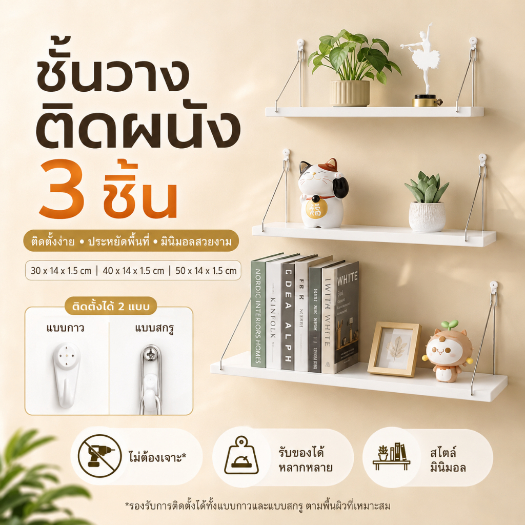 【จัดส่งรวดเร็ว】ชั้นวางติดผนัง 3 ชิ้น ไม่ต้องเจาะผนัง ชั้นลอยมินิมอล ประหยัดพื้นที่ วางหนังสือ ของแต่งบ้าน 30/40/50 ซม